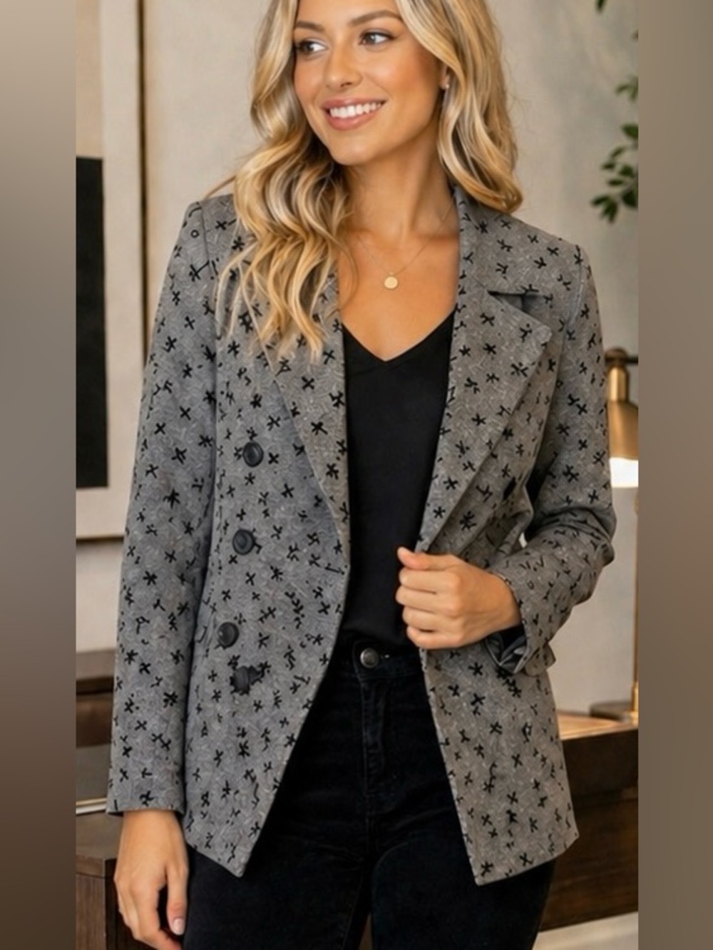 Moon Collection Double-Breasted Blazer - Gray & Subtle Black Bow Print
